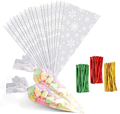 FINGOOO 100pcs Cone Bags for Sweets Clear Cellophane Bags and Ties for Party Christmas and Festivals