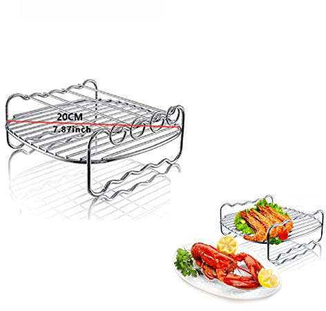 Air Fryer Doppelschichtiges Gestell, Mehrzweck-Luftfritteusen-Zubehör mit 4 Spießen, Edelstahl-Airfryer-Grillpfanne, kompatibel mit Go Wise/Phillips Airfryer (φ20 cm rund)