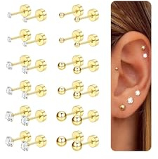CASSIECA 12Paia Orecchini Acciaio Chirurgico Set Orecchini Anallergici per Donna Uomo Oro Piercing Orecchio Acciaio Chirurgico CZ 2/3/4MM Cartilagine Trago Helix Piercing