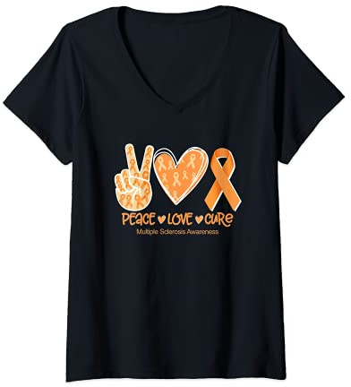 Mujer Peace Love Cure Orange Ribbon Conciencia de esclerosis múltiple Camiseta Cuello V