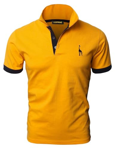 LIUPMWE Polo Uomo Manica Corta Ricamo Giraffa Cotone Moda Comodo vestibilità Slim Golf Poloshirt Sportive Shirt,Giallo-2,L