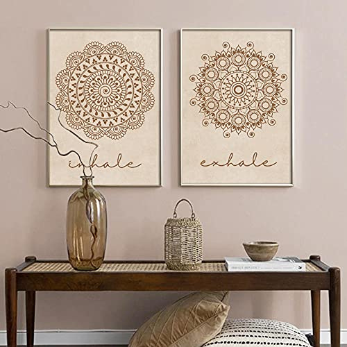 CPGG Arte Póster-Mandala Mural Impresións Inhale Exhale Decor Beige Bohemia Decor Canvas Cuadro Pósters And Fotos For Sala de estar Decoración del hogar 50x70cmx2 Sin Marco