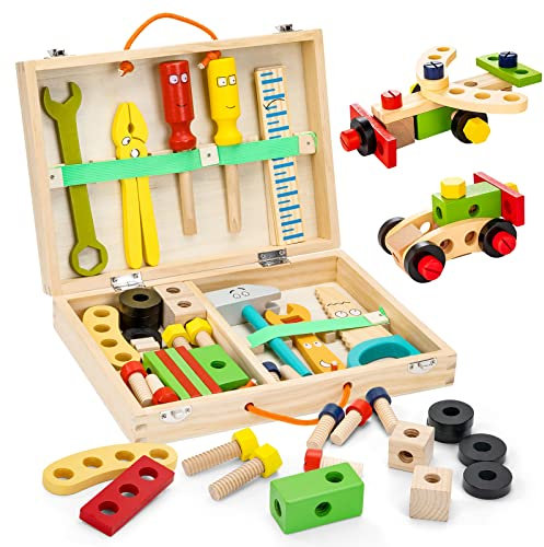 Holz Spielzeug Werkzeugkoffer Kinder, 34 Stück Tragbare Werkzeugkasten mit Spielwerkzeug Set, Motorikspielzeug Lernspielzeug Kreatives DIY Spiele Geschenke für Junge Mädchen 3+ Jahre