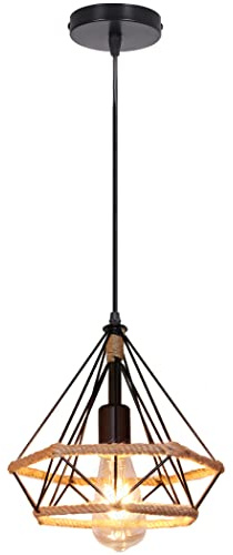 iDEGU Hängelampe 25CM Industrie Pendelleuchte Vintage Lampenschirme aus Metall und Hanfseil Käfig Design Retro E27 Schwarz Pendelleuchte für Esszimmer Wohnzimmer Küche Schlafzimmer
