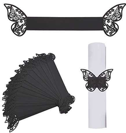 URROMA 50 anelli per tovaglioli di carta lucida a specchio nero con farfalle, anelli per tovaglioli, fibbie per matrimoni, Natale, feste quotidiane e decorazioni per la tavola