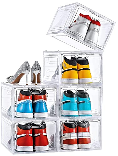 ADOV Cajas para Zapatos Set de 6, Organizadores Transparentes Apilables de Plástico con Tapa, Caja Porta Zapatillas para Hombre Mujer y Niños, hasta EU 46