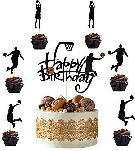 25 Stück Basketball Alles Gute zum Geburtstag Glitter Cake Topper,Babydusche Cupcake Toppers,Basketball Party dekoration,Geburtstagsparty Dekorationen Cocktails Obst Sticks,Cupcake Toppers