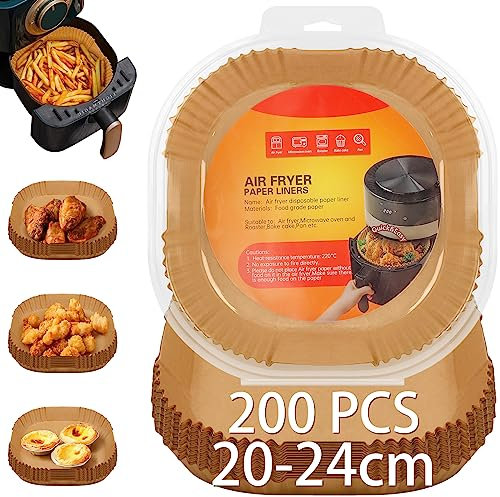 Owelth Backpapier für Heißluftfritteuse 20-24cm, 200 Stück Airfryer Backpapier Eckig, Antihaft Ölfest Einweg-papiereinsatz, Air Fryer Paper Zubehör Papiereinlagen für Ofen Bratpfanne Mikrowelle