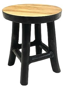 Spetebo Tabouret à fleurs rond en teck 17 x 15 cm – Noir/petit – Tabouret en bois avec 4 pieds – Bois véritable décoratif pour fleurs et plantes