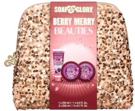 Soap & Glory Berry & Bright Kulturbeutel - Geschenkset für Weihnachten 2023 - Berry & Bright Body Wash, Body Butter, Bright & Beautiful Radiance Sheet Mask and Glittery Toiletry Bag