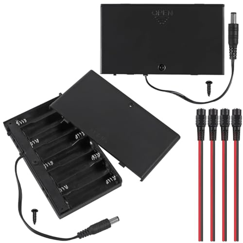 MKBKLLJY 2Pcs 8 AA 12V Battery Holder with Cover (Batteries are Not Included), with 2.1mm x 5.5mm DC Plug Switch,ON/Off Switch, Screw,Female DC Power Pigtail Cable Plug,for Arduino RC LED Strip