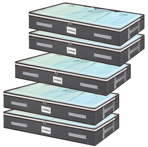 wsryx Lot de 5 boîtes de rangement sous le lit avec couvercles, pliables sous le lit avec fermetures éclair, grands sacs de rangement en plastique avec fenêtre transparente pour chambre à coucher et