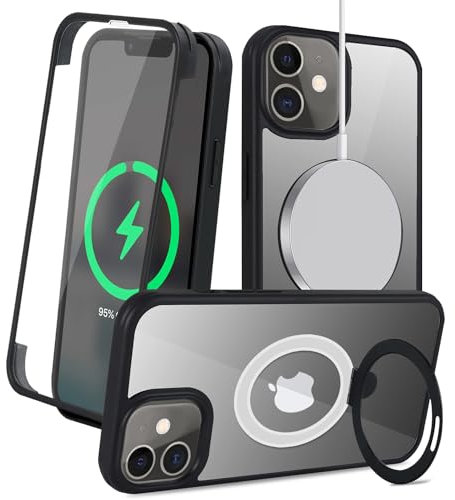 Zouzt for iPhone 12/12 Pro 6.1 Inch Case with Screen Protector, 360 Full Body with Glass Screen Protector [Shockproof] [Dropproof] Ring Stand Heavy Duty Protection Phone Case - Black