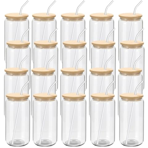 YOUKE OLA 20 Pack Glass Cups with Bamboo Lids and Glass Straw 16oz Beer Can Shaped Drinking Glasses Cups, Glass Tumbler Reusable Cute Cups for Whiskey, Iced Coffee, Tea, Soda, Cocktail, Gift, Clear