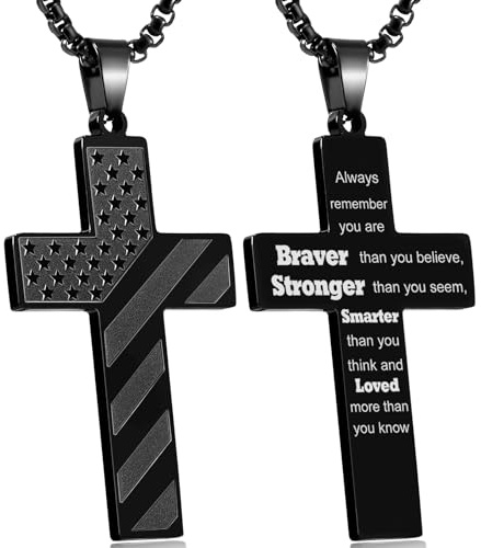 Black American Flag Cross Necklace for Men Bible Verse,Always Remember Christian Religious Scriptures Faith Baptism 1st First Communion Cross Pendant Chain for Men,Father's Day Gifts For Dad Jewelry