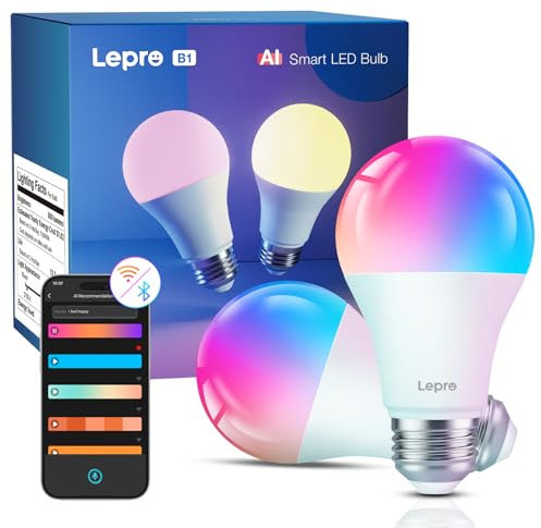 Lepro AI Smart Bulb E27, Music Sync WiFi Bulb, Voice Control Smart Screw Bulb, Colour Changing Light Bulbs, Work with Alexa & Google Assistant, Personalized AI Lighting Designer, 2 Packs