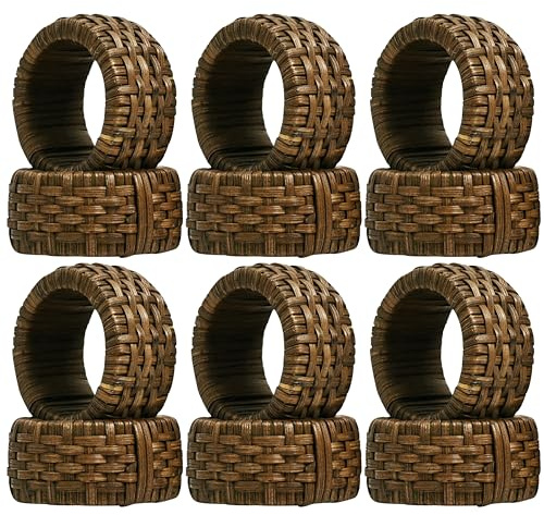 CLEENTABLE Decorative Jute Napkin Ring, Cane Napkin Rings Set of 12 - Hand Woven Napkin Holders for Farmhouse, Rustic, Holiday, Wedding, Easter, Thanksgiving, Xmas, Boho & Fall Table Décor (Walnut)