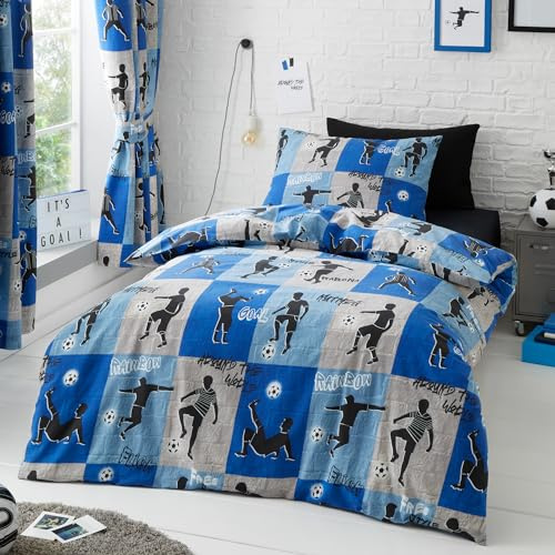 Happy Linen Company Set di biancheria da letto per ragazzi e ragazze, con copripiumino reversibile per letto singolo, motivo calcio freestyle, blu