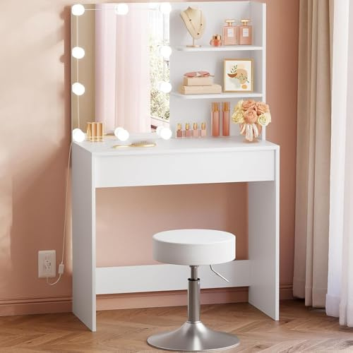 WOLTU Postazione Trucco con Luce, Specchio Regolabili, Sgabello, Regolabile e Girevole, Scrivania Trucco con Cassetto e Ripiani Aperti, Mobile Trucco Bianco, MB6113ws