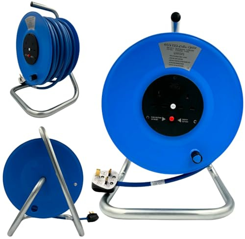 25m Cable Reel, Heavy Duty Extension Lead Reel with 25 Metres 1.5mm Cable, 2 Way 13 Amp Sockets, UK Plug and Thermal Cut Out for Overload Protection