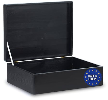 Pinus Holzkiste mit Deckel 40x30x13,5 cm Klappverschluss Schwarz | Kiefernholz Sperrholz, ohne Griffe, staubgeschützt, für Fotos Deko Basteln, stapelbar, glatt geschliffen
