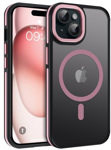 DOMAVER Coque Magnétique iPhone 15 6,1, Compatible avec MagSafe, Nouveaux Etui de Téléphone Translucide Mate pour iPhone 15 Antichoc Fin Antidérapante Housse, Rose