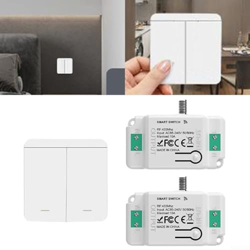 Wireless Light Switch And Receiver Kit, Remote Control Light Switch, 2-Gang Switch Panel And 2 Circuit Breakers, For Lights Lamps Fans House Lighting garages outdoor lighting, No Wiring Needed, White
