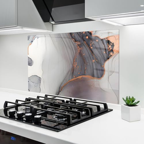 ARTHUB® Küchenrückwand aus Glas 50x70 cm, 4mm ESG | Spritzschutz, Glasplatte, Herdspritzschutz, Wandschutz für Herd, Hartglas, Abstrakte, Marmor, Grey Pink Liquid Marble