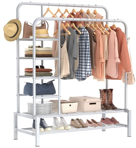 ZHKINGGS Metall Kleiderständer für Doppelstange - Multifunktionaler Kleiderstange mit zwei Ebenen Aufbewahrungsregalen für Haus Schlafzimmer für Mäntel, Taschen, Schuhe, Stiefel(Weiß)
