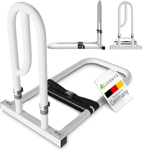 Juskys Barre d’Appui pour Lit - Poignée pour Aider à Se Lever - Réglable en Hauteur - Support en Acier avec Sangles - pour Sommier à Lattes - Blanc