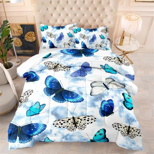 Bettdecke 140X200 Blauer Schmetterling Bettdecken 200Gsm,Dünne Und Leichte Duvet,4 Jahreszeiten Bettdecken,Weiche Mikrofaser Bettdecke Mit 2 Kissenbezüge,Warm Steppbettdecke Für Allergiker