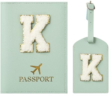 ZVRSUA Reisepasshülle und Kofferanhänger mit Buchstabe K,Passport Hülle, Hülle Reisepass,Ausweismappe, der Pass, Kofferanhänger für Kreuzfahrten und Flugreise,Geschenk für Damen/Teenager/Kind(Grün K)