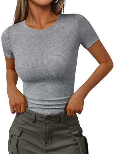 Trendy Queen Womens Short Sleeve Shirts Crewneck Ribbed Knit Slim Fitted T-Shirt Summer Tops Basic Tee 2026 Spring Outfits Grey M