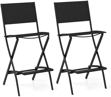 GYMAX Set di Sgabelli Pieghevoli per Bar, Set di 2 Sedie da Esterno con Schienale, Poggiapiedi Ergonomico, Sedie da Pranzo Portatili per Prato, Veranda, Giardino, Caffè (Nero)