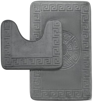 VELVETIO Bath Mat Set 2 Piece Machine Washable for Bathroom, Greek Key Non Slip Quick Dry Shower Rugs & Bathtub Mats, Memory Foam Water Absorbent 100% Polypropylene Toilet Rugs, Charcoal