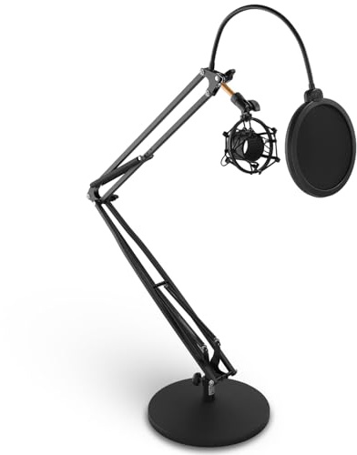 Pyle Suspension Boom Arm Mic Stand – Adjustable Scissor Arm with Shock Mount and Pop Filter, 3.1ft Extension, Quick Installation for Home Studio, Podcasting, Broadcasting, Streaming, Voice Recording
