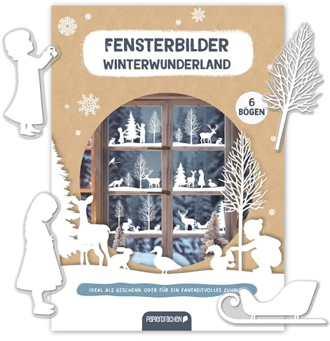 Papierdrachen Fensteraufkleber Winterwunderland - 6 DIN A4 Stickerbögen mit winterlichen Motiven - Weihnachtsdeko 2026 - Kinderzimmer - Wohnbereich - statisch haftend
