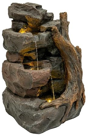 Fontana Cascata da Esterno in Poliresina Grigia con 3 Luci LED Bianche Calde, Pompa Elettrica, Cavo da 7m – Willow Springs + Spazzola per Pulizia Inclusa