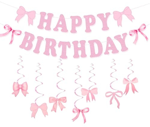 Gleemix Happy Birthday Girlande Rosa mit Schleifen Deko Geburtstag, Happy Birthday Banner Dekoration für Frauen, Mädchen, Party Supplies, Kinder Feier, Girlande Geburtstag mit 17 Schleifen & 7 Wirbel