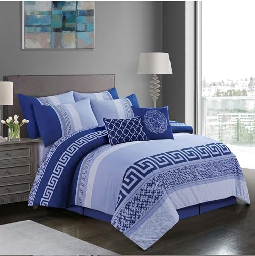 Luxury 4 Piece Bedding Set – Duvet Cover, Fitted Sheet & 2 Pillowcases – Soft, Breathable Fabric – Hotel Quality – Floral/Greek/Jacquard – Machine Washable – Linea Blue, Double