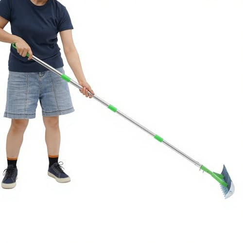 WindWilder Lawn Felt Removal Rake - 21 Curved Tines Detachable Garden Rake for Dead Grass & Leaves, 1.7m Adjustable Length, Silver & Green