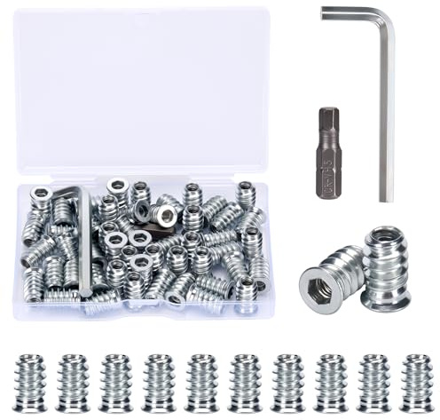 50 Piezas Insertos Roscados, M5x15mm Inserto Roscado Hexagonal con Llave Hexagonal, Puntas de atornillar y Caja Transparente, Plata M5 Tuerca de Inserción Roscada para Muebles de Madera