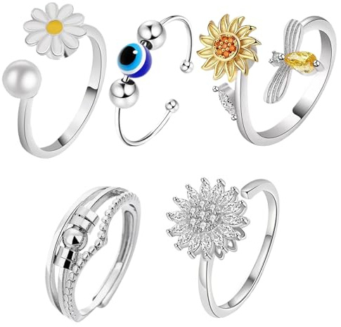 MLPKOI 5 Pezzi Argento Anello Antistress Regolabile, Fidget Anello Donna Regolabile, Set Anelli Ansia Spinner, Aanello di Ansia, Anelli Donna Argento, Regalo per Ragazza Uomo