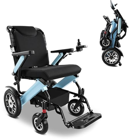 ZygenAir Rollstuhl Elektrisch Faltbar Leicht, Elektrorollstuhl 150kg | 45cm Elektrischer Rollstuhl 500W, 24km Reichweite 12Ah Akku, Outdoor Elektro Rollstuhl für Innen Außen Reisen Blau