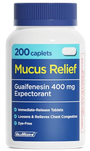 ValuMeds Mucus Relief Guaifenesin 400mg (200 Caplets) | Maximum Strength | Mucus Thinning for Colds, Chest Congestion, Flu, Coughing | Expectorant & Decongestant