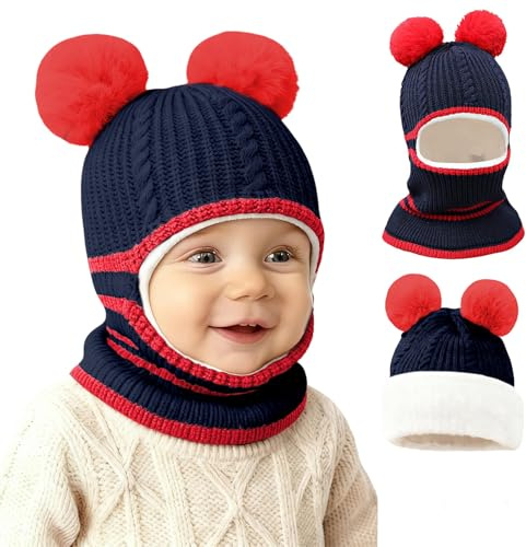 JFAN Småbarnshatt tjock mjuk plysch med pompom vintermössa varm elastisk hatt halsduk fleece stickad öronlapp mössor huva för pojkar flickor, Marinblått Xsp, one size