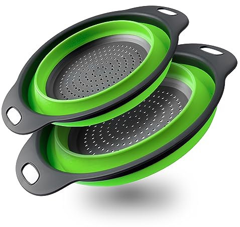 2 Stück Sieb Seiher Set, Faltbares Sieb Küche Silikon Nudelsieb Abtropfsieb mit Griff, Platzsparend Silikon Sieb Seiher für Draussen Camping Küche, Einschließlich 2 Größe Blau 30 CM und 25 CM