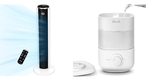 LEVOIT Ventilador de Torre con Mando a Distancia, 7m/s Ventilador Silencioso 28dB y 39W Humidificador Bebés, Humidificador 2.5L Hasta 25H para Dormitorio, Habitación de Niños