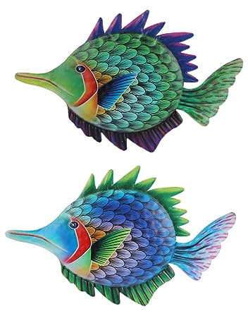 CORHAD 2stücke Eisen Fisch Wandbehang Thema Wandkunst Dekoration Grün Blau Für Wohnzimmer Und Garten Rustikale Handarbeit Wandornament Hafenstil Wanddeko