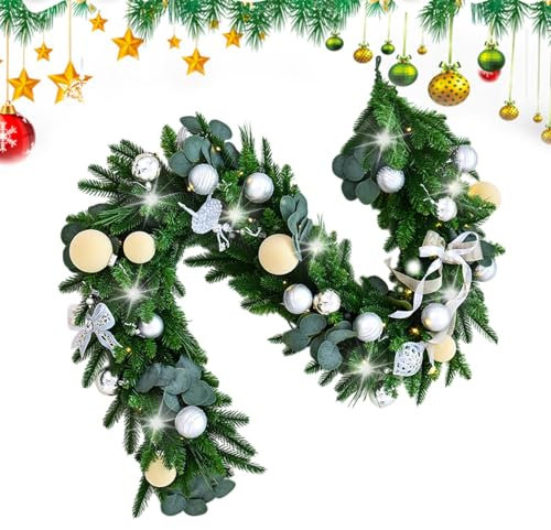 Künstliche Weihnachtsgirlande – Weihnachtsgirlande mit Lichtern, künstliche Weihnachtsgirlande mit LED-Licht, wiederverwendbar, rustikal, Gartendekoration, saisonale Girlande für Kamin, Treppe, 1,8 m